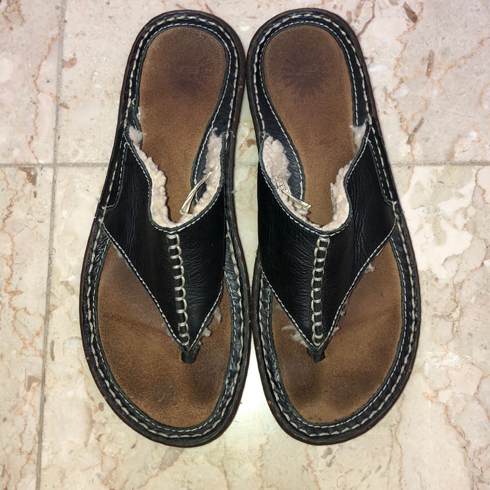UGG Black Leather & Sherpa Flip Flops